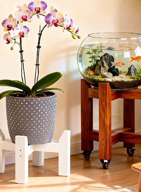 客厅圆形鱼缸架带轮可移动阳台防腐木置物架盆景承重实木花架双层
