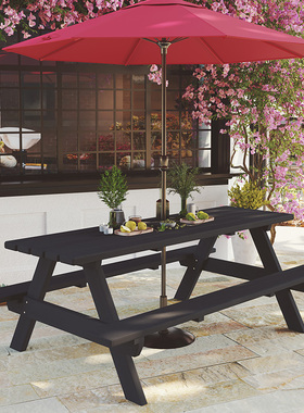 防腐室外实木连体餐桌椅带伞组合户外一体式庭院休闲露天公园桌椅
