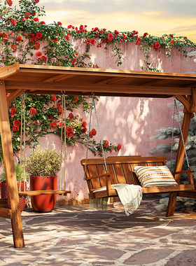 防腐木庭院户外露台荡秋千室外多人摇椅院子家用休闲实木秋千吊篮