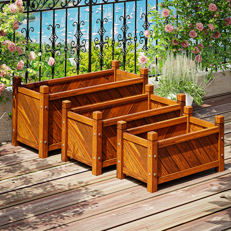 户外碳化防腐木长方形花箱组合