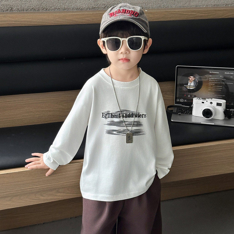 男童春季长袖新款白色字母绣花棉T恤儿童小童宝宝印花童装衣服潮