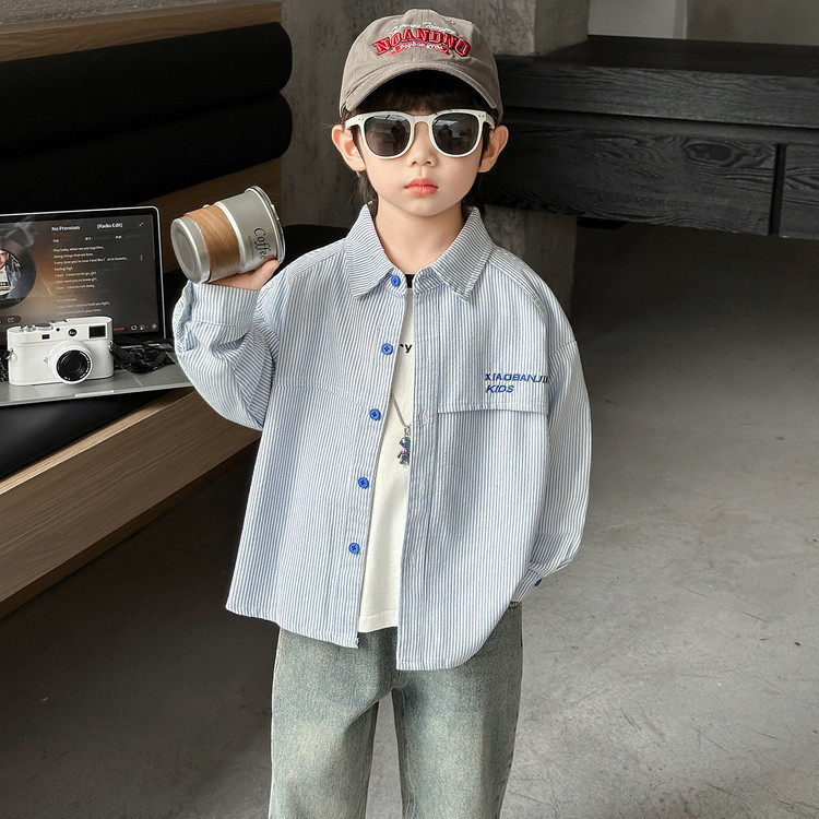 男童条纹春季长袖字母绣花衬衫儿童衬衣童装衣服男生帅气小童洋气