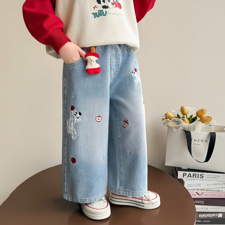 宝宝2026春季新款阔腿裤小苹果挂件刺绣牛仔裤儿童休闲裤宽松女孩,童装/婴儿装/亲子装,裤子,淘宝优惠券,粉丝福利购,淘宝优惠卷