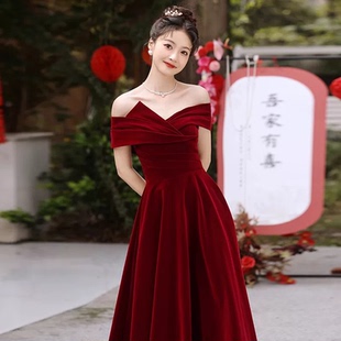 新娘订婚礼服丝绒回门便装 一字肩敬酒服2025新款 连衣裙 租赁