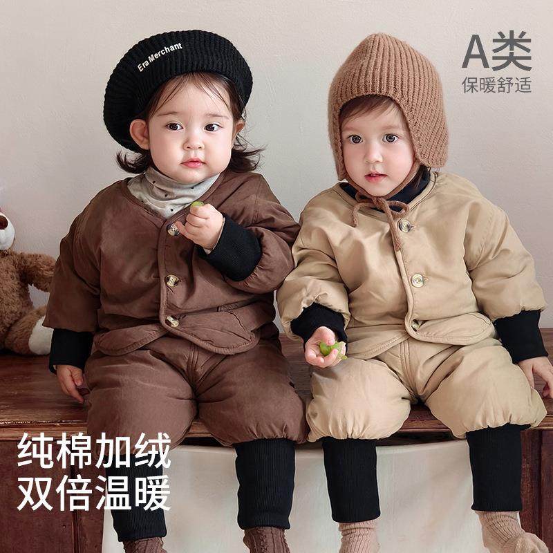 儿童加绒套装秋冬季森系男女童外套韩版棉服宽松冬季两件套套装