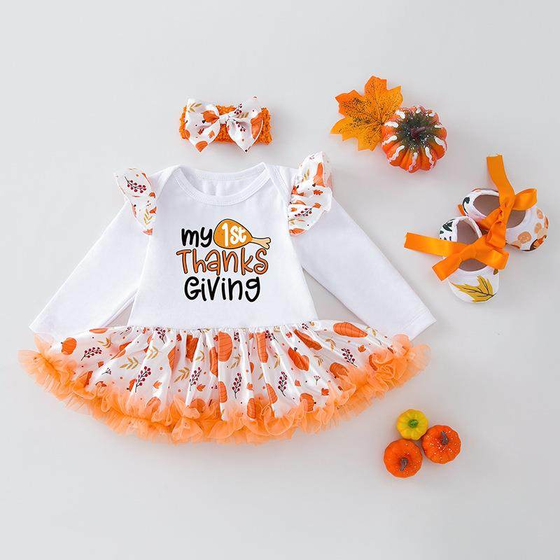 跨境新款感恩节婴儿服套装长袖哈衣裙鞋子发饰件套宝宝派对礼服