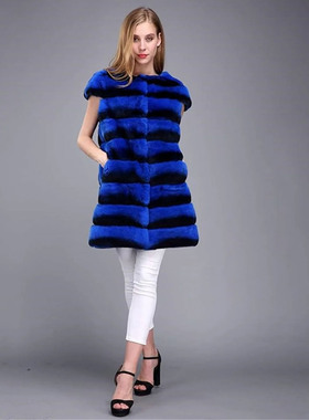 清仓特价外贸原单真獭兔真皮草马甲宝蓝色条纹青紫蓝长款折扣反季