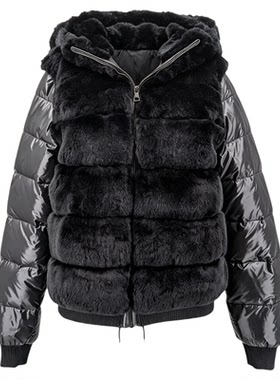 大码獭兔整皮连帽羽绒服女秋冬充绒羽绒袖拼接轻盈保暖皮草外套