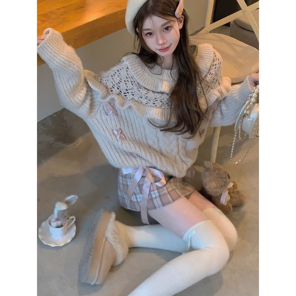 嗲甜美奈 冬装新款昭和千金甜美设计感针织毛衣格纹半裙显瘦套装