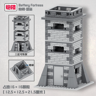 城楼防护炮MOC炮楼碉堡哨塔瞭望塔监狱放风围栏军事拼装积木玩具