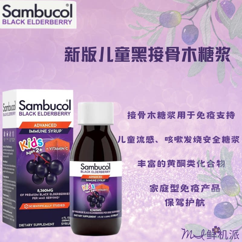 美国Sambucol儿童黑接骨木糖浆健康支持提升家庭型120毫升