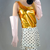 50cmPU漆皮手套三道杠中长三筋男女亮粉色大宽口喇叭灯笼泡泡袖 子