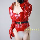 连体手套宽松皮衣天蓝色泡泡袖 套坎肩性感大廓形连肩短上衣夜店