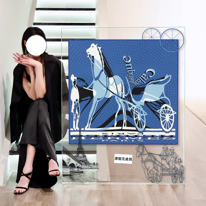 爱马丝巾挂画轻奢高级感亚克力别墅装饰画客厅卧室大幅马车壁画图片