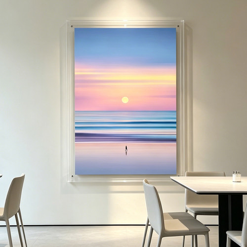 极简海景日落装饰画现代轻奢客厅玄关挂高级感粉色沙滩风景艺术画