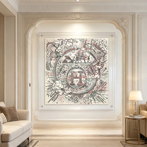 轻奢爱马丝巾装饰画现代客厅玄关小众艺术挂画高级感别墅卧室壁画