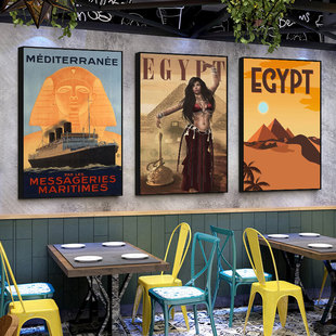 古埃及挂画特色民族餐厅饭店法老狮身人面装饰画金字塔海报壁画