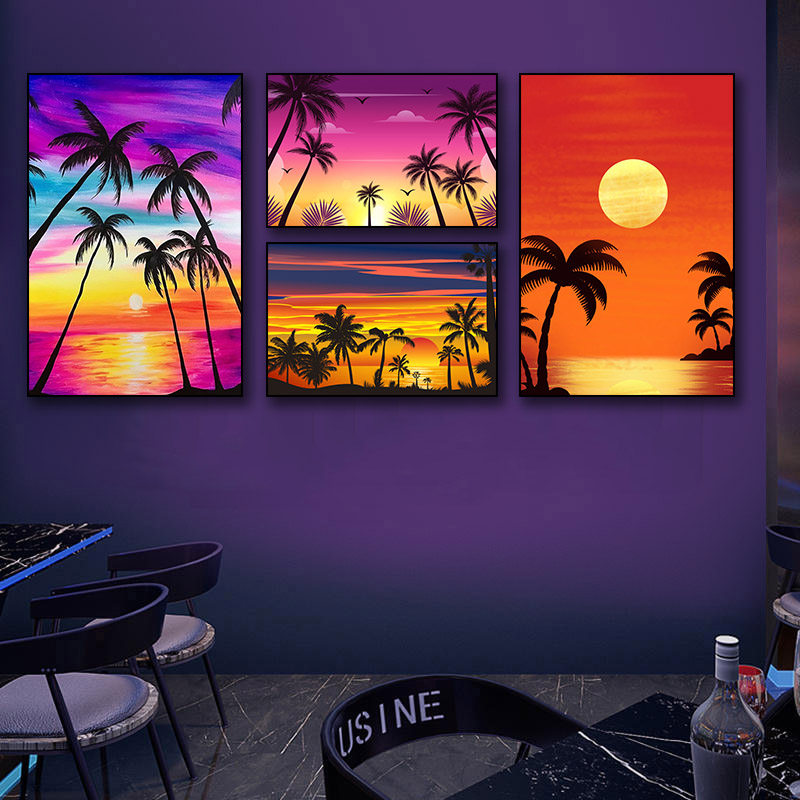 音乐餐吧酒吧酒馆餐厅挂画夕阳沙滩椰子树发光画网红露营风装饰画