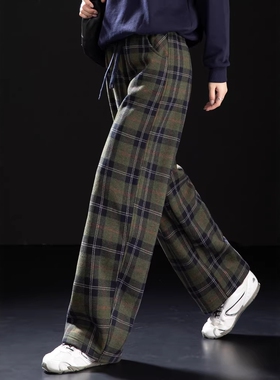 高个子加长绿色格子弯刀阔腿裤女2026春秋宽松慵懒垂感加长拖地裤