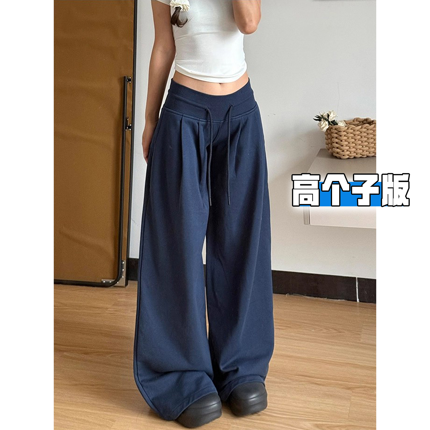 高个子超长军绿色阔腿卫裤女