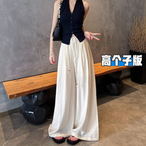 高个子加长米色亚麻阔腿裤女夏薄