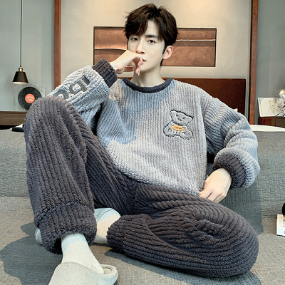 全棉纯棉男士睡衣秋冬季珊瑚绒加厚保暖青少年休闲学生款可外穿家
