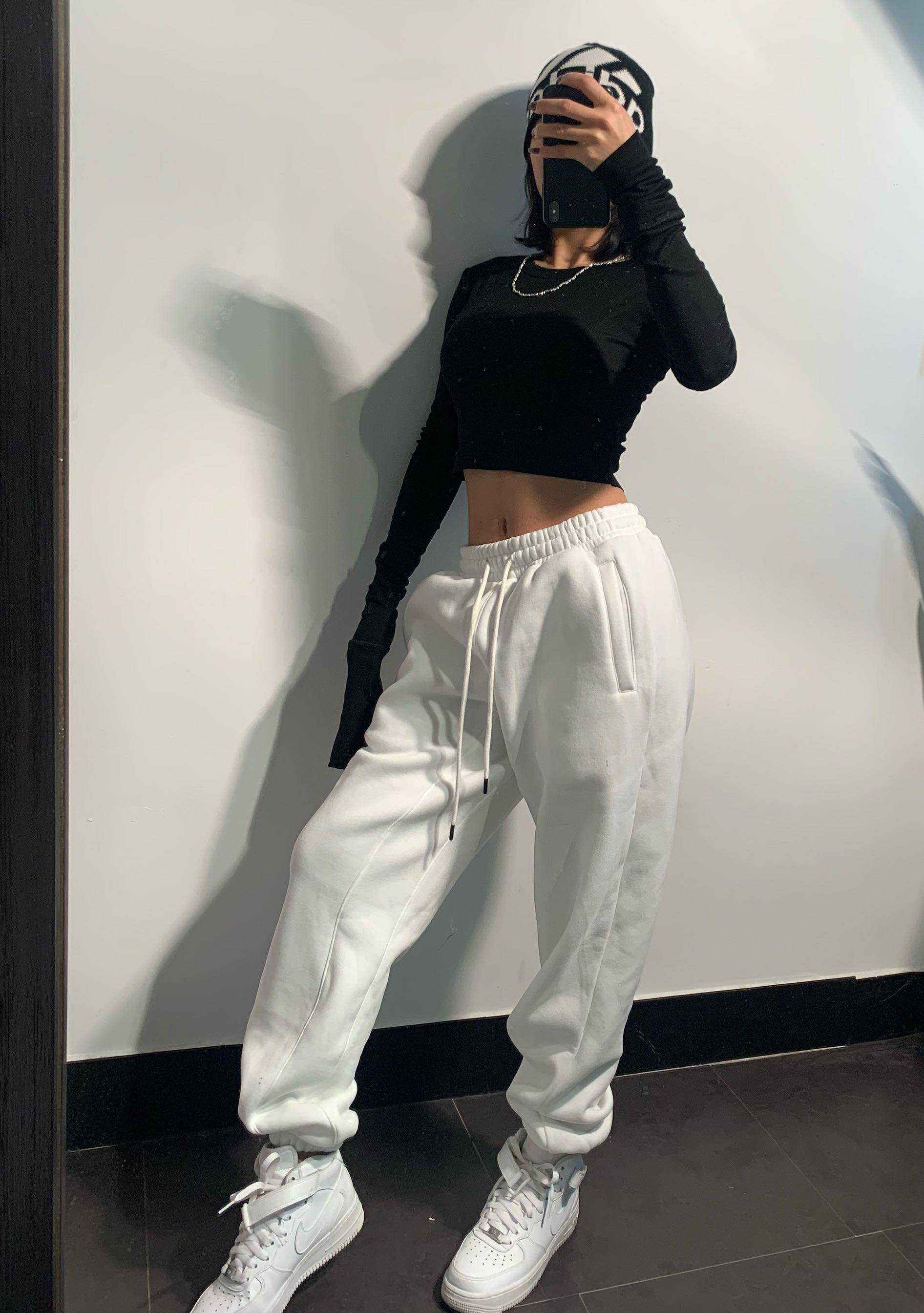 欧美男女卫裤百搭加绒加厚情侣白色运动裤套装秋冬抽绳束脚裤宽松