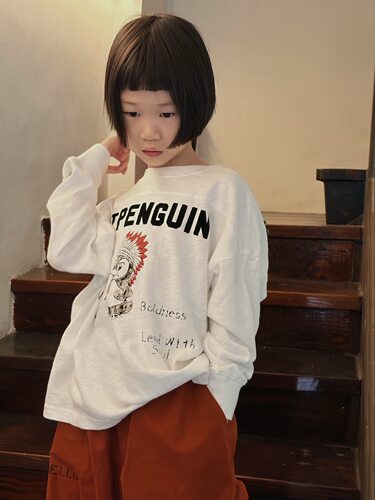 26秋季新款男女童宝宝长袖T恤日系DD童装中童手绘风印第安企鹅T恤