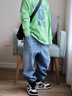 儿童春秋长裤男童宝宝快乐涂鸦彩色泼墨卫裤薄款柔软牛仔裤束口裤