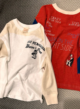 2025春秋新款日系DD童装企鹅刺绣拼色长袖T恤男女童宽松休闲上衣