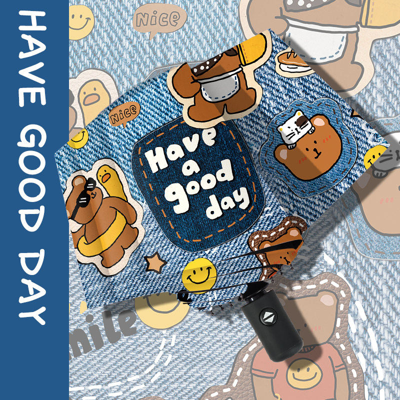 复古牛仔熊|晴雨伞两用女自动太阳伞防晒防紫外线小巧便携遮阳伞