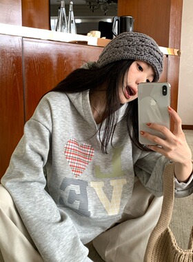 Work 32day秋冬美式慵懒字母印花宽松加绒银狐绒连帽卫衣