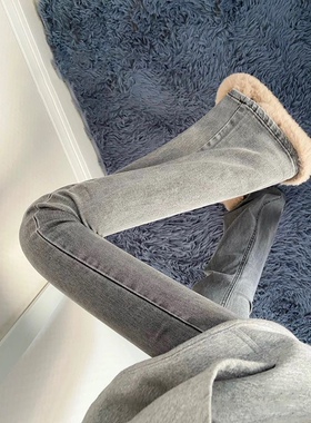 做旧浅灰色微喇叭牛仔裤女ins潮高街弹力修身显瘦加长拖地裤长裤