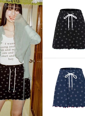 现货Minjiena韩国小众设计蓝色黑色笑脸印花木耳边抽绳半身裙休闲