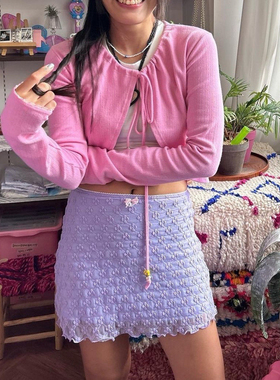 Minjiena韩国小众设计笑脸清新蕾丝泡泡爆款蝴蝶结半身裙