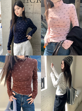 Minjiena韩国小众ins设计风笑脸印花柔软花边堆堆领打底衫T恤简约