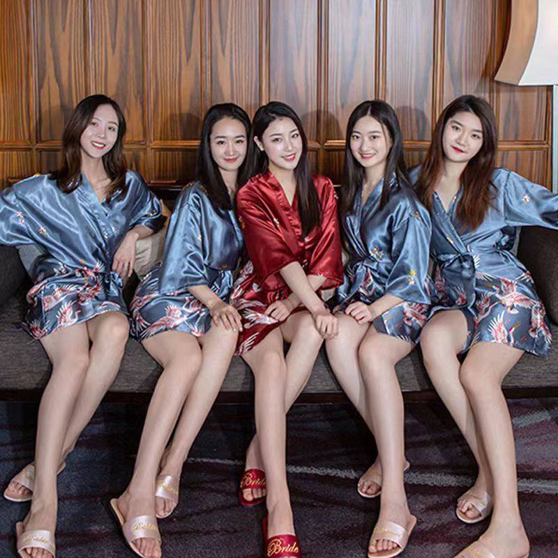 晨袍婚礼新娘女伴娘团高级感大码夏浴袍红色结婚睡衣睡袍长款闺蜜