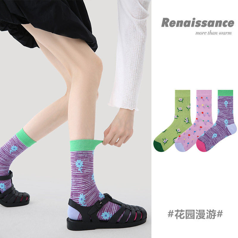 Renaissance原创春夏季花园漫游少女中筒袜透气薄款网眼袜子女