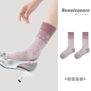 Renaissance原创女袜春夏季 透气双针中筒袜粉色可爱袜子女 薄款