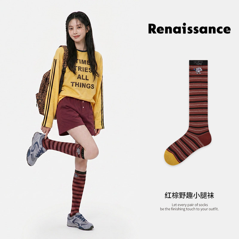 Renaissance原创女袜红棕野趣条纹小腿袜透气棉吵中长筒袜子女图片