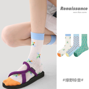 少女学院风网眼袜子女 绿色菱格中筒袜薄款 Renaissance春夏季 新款