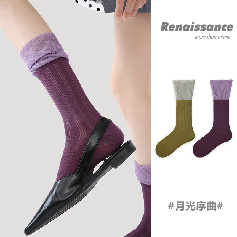 Renaissance原创女袜春夏新款假两件ins网眼袜花边透气薄款袜子女