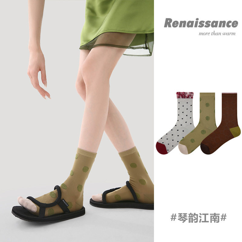 Renaissance春夏季新款简约波点中筒袜透气花边薄款网眼袜子女