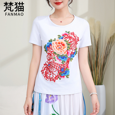 春夏短款T恤刺绣花中国风打底衫