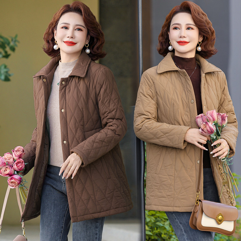 妈妈棉服冬装夹棉加厚保暖外套纯色拉链立领中老年女装日韩系2024
