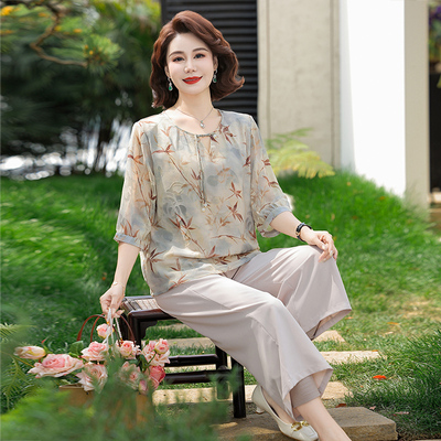 贵夫人新中式妈妈夏装洋气桑蚕丝上衣中年大码女装真丝t恤衫套装