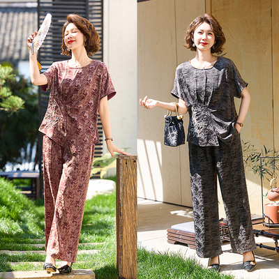 妈妈夏装短袖套装2025新款中老年人女装夏款小衫阔腿裤两件套时尚