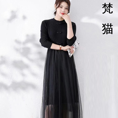 秋冬新款高腰立领气质纯色长裙