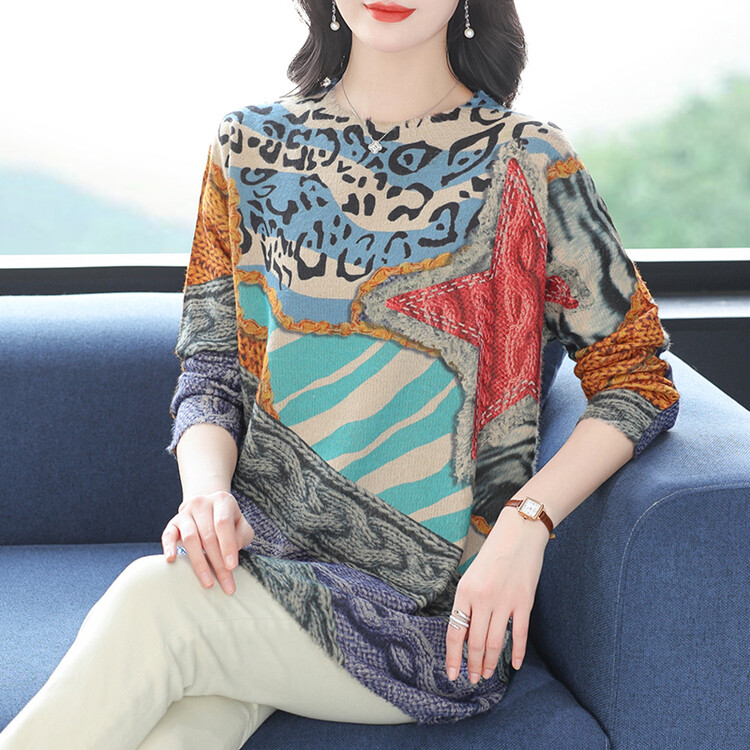 梵猫2025新款针织衫女花色时尚中老年妈妈装大牌圆领复古中国风