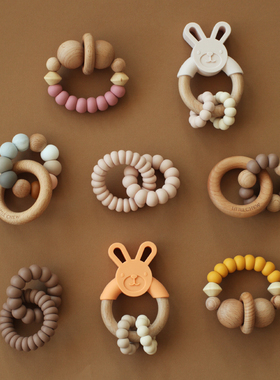 美国手工硅胶彩虹环形木制宝宝好抓取环固齿器婴儿摇铃ba豆豆牙胶